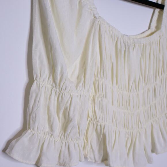 URBAN OUTFITTERS Kate Smocked Ruffle Blouse Ivory Cropped Top Women's XS - Picture 6 of 12